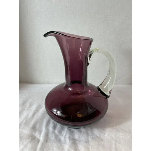Vase Pitcher Amethyst Hand Blown Glass Pontil Purple Clear Handle 7.5" Tall MCM - Picture 12 of 16